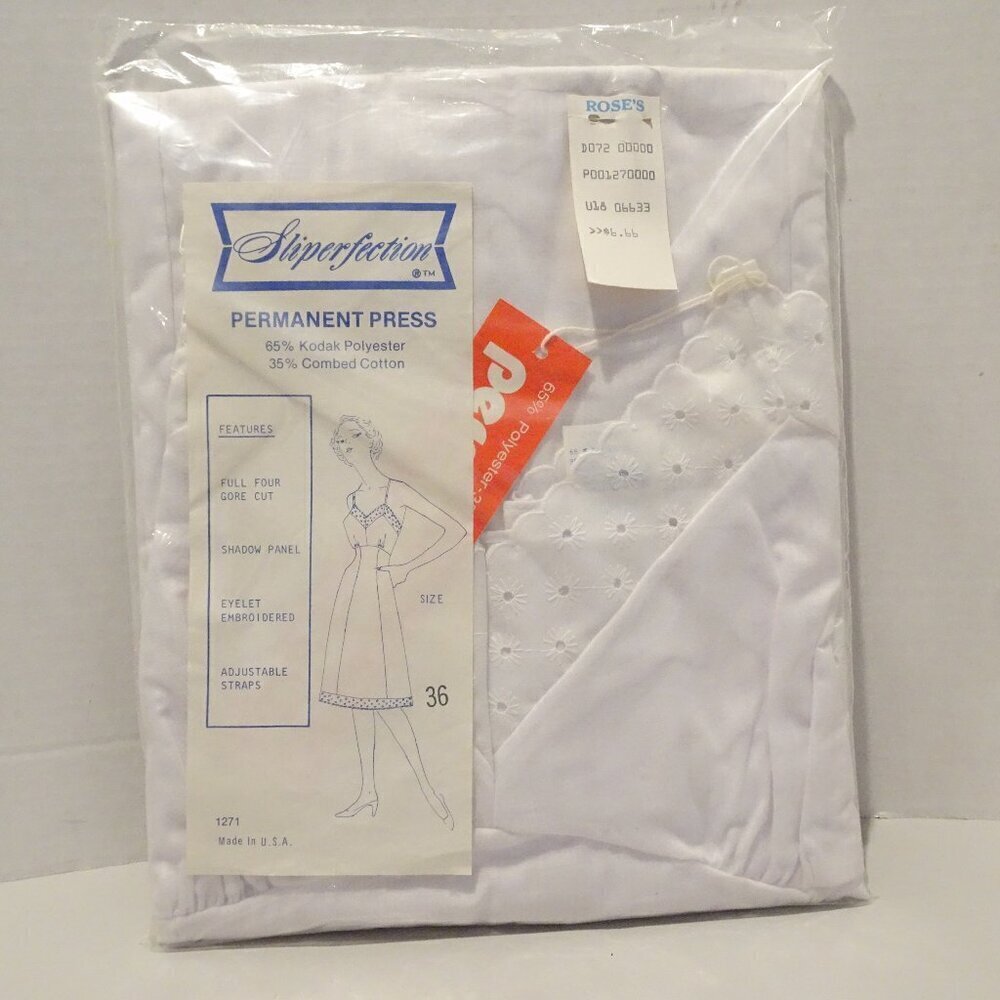 Sliperfection Poly Cotton Blend Slip Dress Size 36 Eyelet Trim White NOS